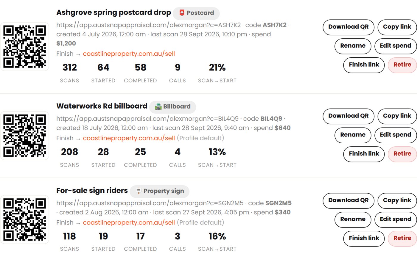 Campaigns · one QR code per campaign